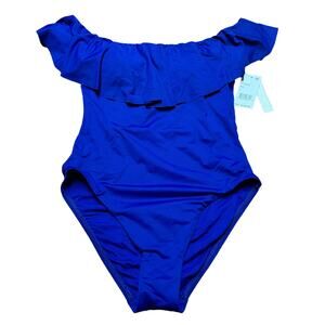 Trina Turk Collection Ruffle Off Shoulder One Piece Swim Suit Solid Blue Size 6